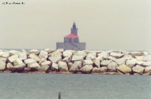 Close up of the lighthouse out in the lake.
