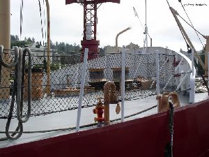 Different pulleys on the deck to raise and lower the anchor