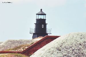The top of the lighthouse just barely visible over a rock.