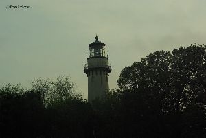 Close up of the lighthouse above the trees.