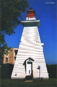 Close up, front view of lighthouse.