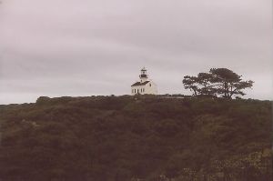 The lighthouse sitting on the top of a hill.