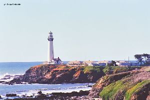 The Pigeon Point Lighthouse, the cliffs, and the Pacific Ocean.