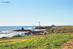 The lighthouse out on the peninsula in the distance.