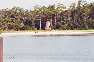 Lighthouse with trees in background.
